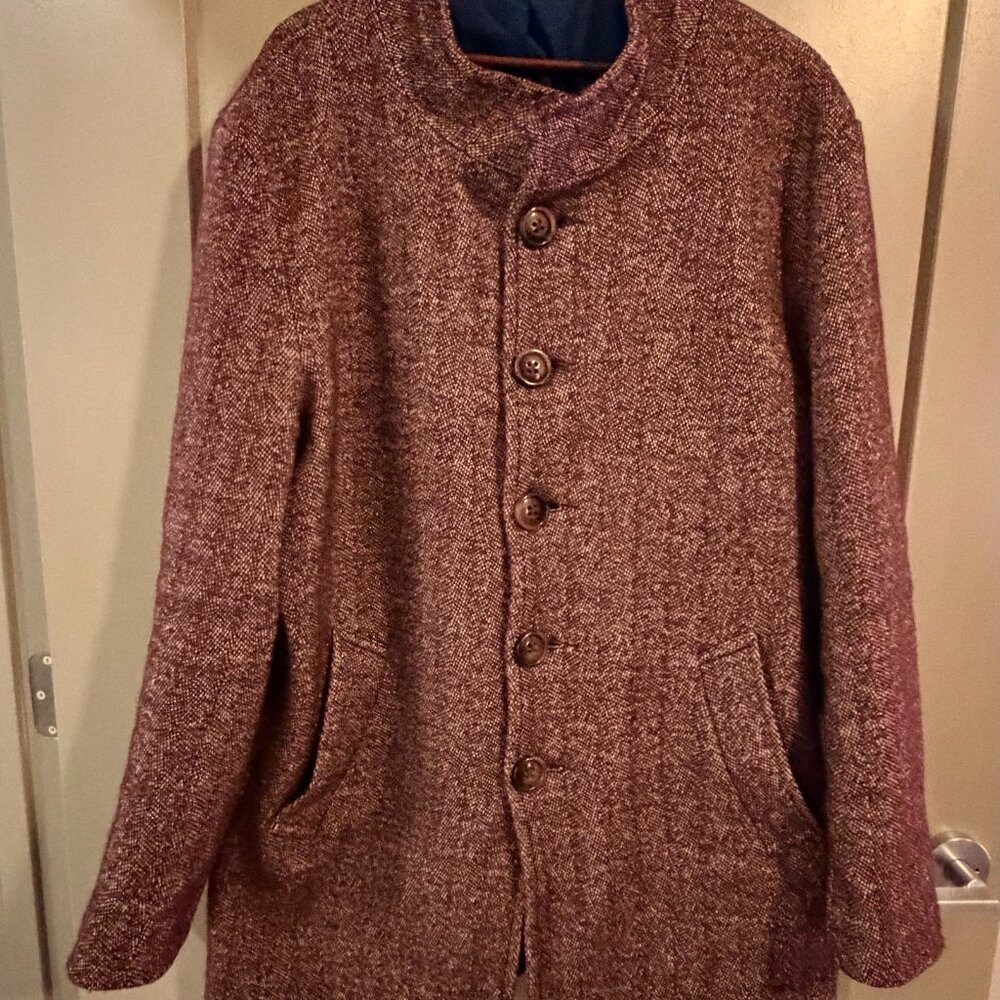 State and Liberty Men's Open Button Overcoat - Maroon Herringbone (2XL)